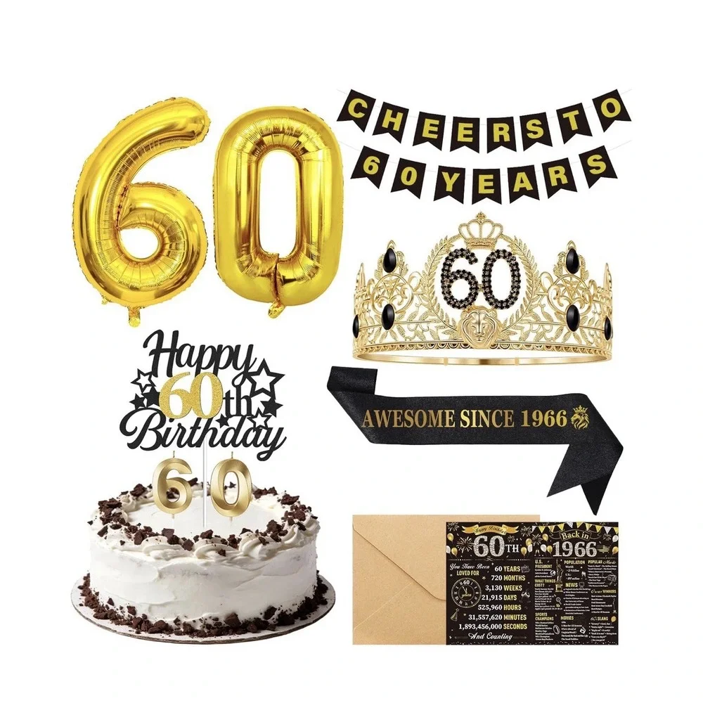 Happy 60th Birthday Decorations For Women, 9 pcs White And Gold Birthday Deco...